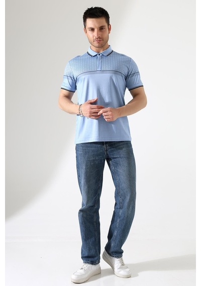 Rıbana Classıc Fermuar Detaylı Desenli Pamuklu Polo Yaka T-shirt Mavi