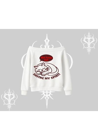 Startmore Not Lazy Saving My Spirit Kedi Baskılı Kayık Yaka Sweatshirt Beyaz