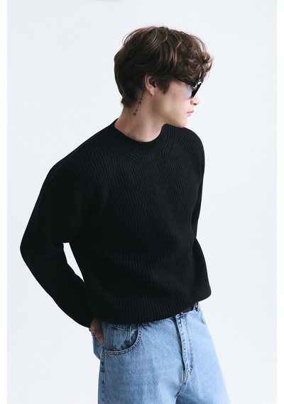 Vamos Oversize Fitilli Triko Kazak Siyah