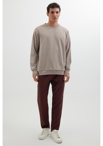 Tudors Unisex Relax Fit Rahat Kesim %100 Pamuk 3 İplik Basic Bej Bisiklet Yaka Sweatshirt-35145 Bej