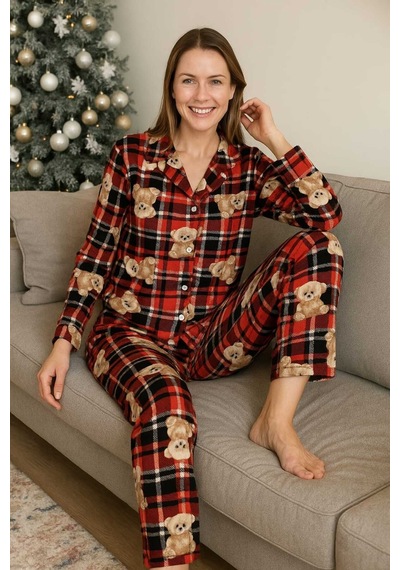 Tenra Kadın Pijama Takımı Boydan Düğmeli Süet Ayıcık Desenli Kırmızı