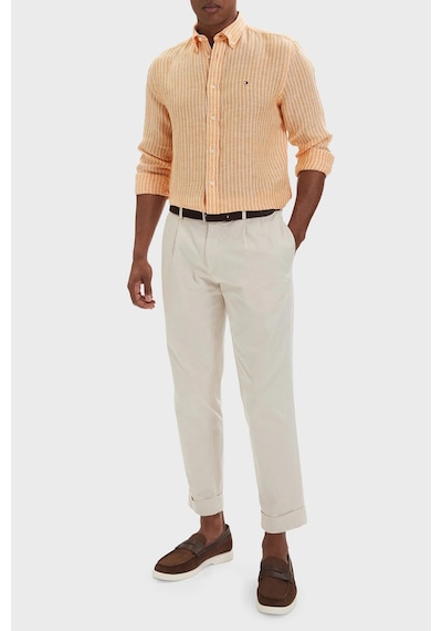 Tommy Hilfiger Çizgili Keten Regular Fit Uzun Kollu Gömlek Erkek Gömlek Mw0mw42400 0dm Orange-beyaz