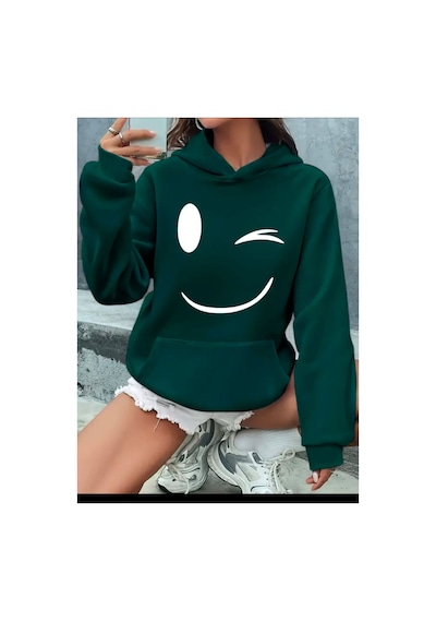 Medinenur Gülen Emojili Baskılı Kapüşonlu Sweatshirt Yeşil