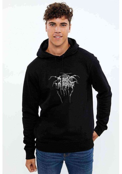 Dark Throne Baskılı Siyah Erkek Örme Kapşonlu Sweatshirt