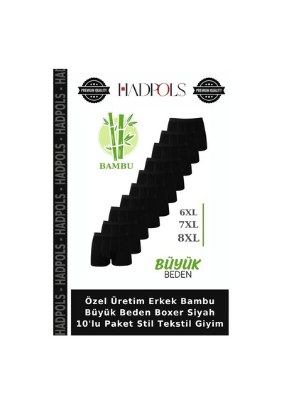 Hadpols Özel Üretim Erkek Bambu Büyük Beden Boxer Siyah 10'lu Paket Stil Tekstil Giyim