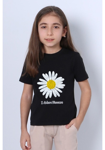 Hçm Kız Çocuk Tshirt Papatya Baskılı Bisiklet Yaka D26 Siyah
