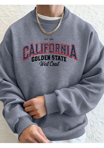 Startmore Tarzsokak California Golden State Baskılı Erkek Kazak Kış Bisiklet Yaka Kapşonlu Sokak Polar Sıcak Gevş Gri