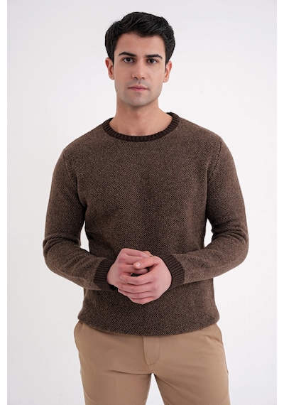 Slim Fit Renkli Ribanalı Kahverengi Vizon Yünlü Bisiklet Yaka Triko Kazak Tr 890 Kahverengi-vizon