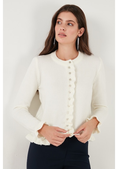Lela Premium Pile Detaylı Regular Fit Yuvarlak Yaka Triko Bayan Hırka 680Hi00038 Ekru