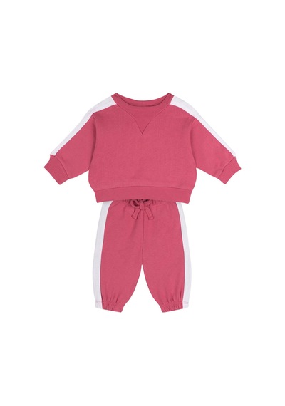 Antebies Organik Pembe,beli Lastikli Bağcıklı Manşetli Kız Bebek Sweatshirt Eşofman Takımı