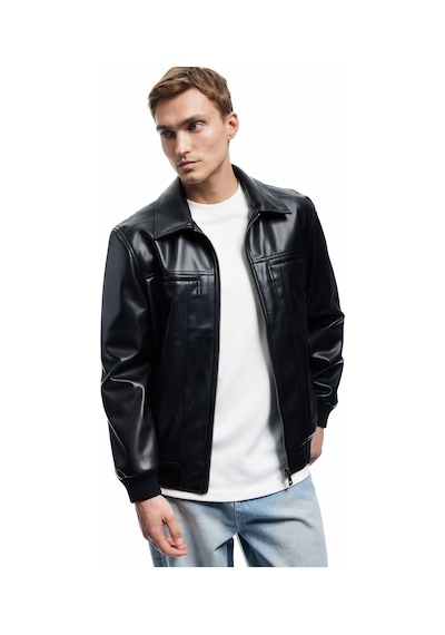 Koton Slim Fit Gömlek Yaka Fermuarlı Cep Detaylı Suni Deri Ceket Siyah 6wam20098hw Siyah