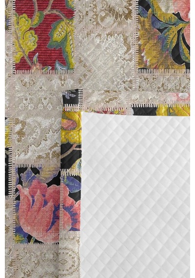 Çiçekli Patchwork Bej Tek Kişilik Pike Takımı - Vintage Krem Pembe 160x220 Cm Mevsimlik Yatak Örtüsü Kırsal İpek Dengesi