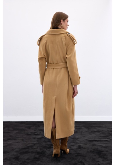 Sateen Geniş Yaka Uzun Kaban - Camel-136666 Camel