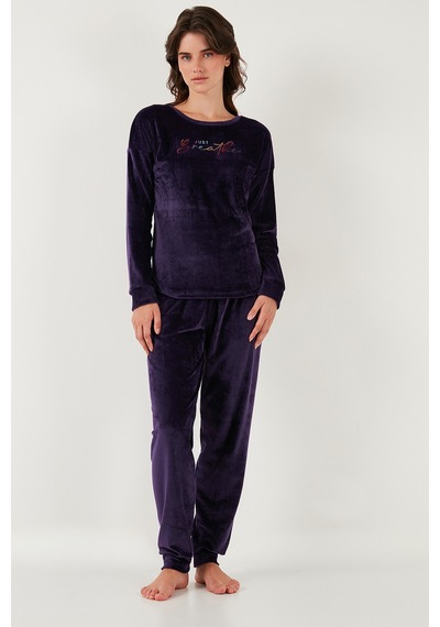 Lela Regular Fit Yumuşak Dokulu Kadife Bayan Pijama Takımı 6094200W4 Koyu Mor