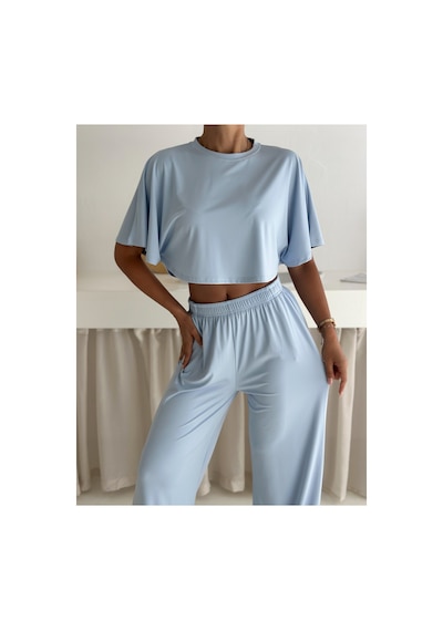 Gugus Yazlık Takım - Alt Üst Kadın Dokulu Kumaş -baggy Pantolon + Salaş Üst Bebe Mavisi Gugus Yazlık Takım - Alt Üst Kadın Dokulu Kumaş -baggy Pantolon + Salaş Üst Bebe Mavisi