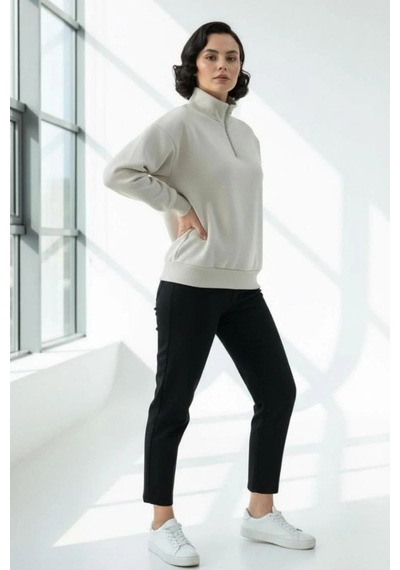 Rovebella Torre Fermuar Detaylı Dik Yaka Sweatshirt Bej