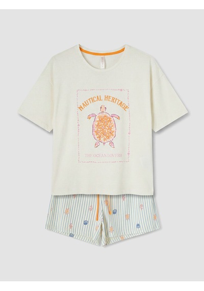 Lcw Dream Ekru Bisiklet Yaka Baskılı Kadın Şortlu Pijama Takımı