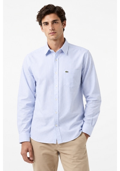Lacoste Men's Regular Fit Shirt Organik Pamuk Çizgili Erkek Gömlek Açık Mavi Beyaz
