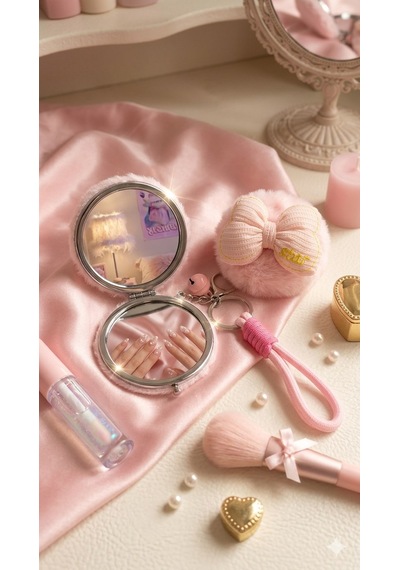 Pembe Peluş Fiyonk Tasarımlı Çift Taraflı Katlanabilir Cep Makyaj Aynası Anahtarlıklı Çanta Aksesuar Çok Renkli