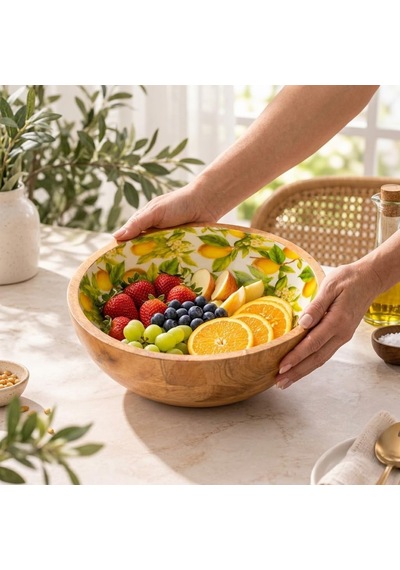 Mango Ağacı Kase 25 Cm, Limon Desenli Geniş Salata Ve Servis Kasesi, 10 Cm Yükseklik, Dekoratif Ahşap Sunum Kasesi Diğer