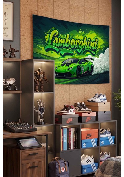 Lamborghini Yeşil Spor Araba Graffiti Drift Dekoratif Duvar Örtüsü Duvar Halısı Beyaz