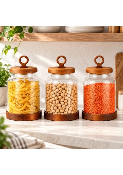 3'lü 1100 Ml Borosilikat Cam Erzak Kavanozu Seti Ahşap Kapaklı Diğer