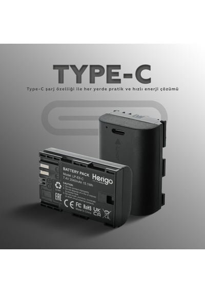 Herigo Lp-e6-c 2040mah Type-c Şarjlı Batarya Lp-e6 Uyumlu