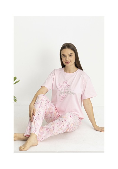 Estiva Kadın Flora Alt Desenli Pembe Penye Lycra Kısa Kollu Pijama Takımı Çok renkli