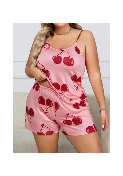E-bulurum Büyük Beden Pembe Kiraz Desen İnce Askılı Pamuklu Şortlu Pijama Takımı