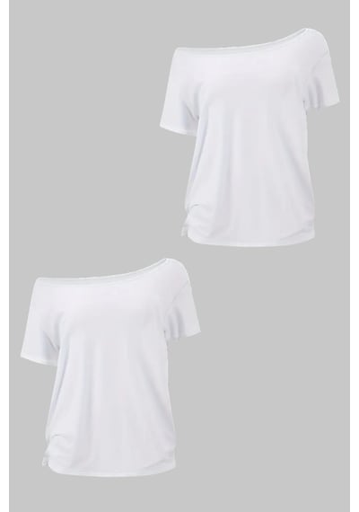 Beyaz 2li Paket Kadın Düşük Omuz Kayık Yaka Oversize T-shirt Beyaz - Beyaz