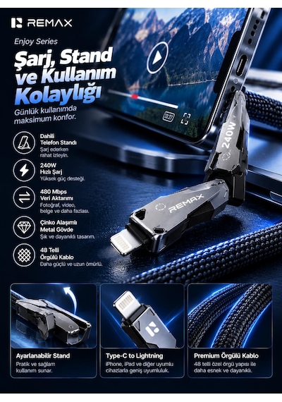 Remax Cb53-cl Enjoy Serisi 30w Pd Type-c To Lightning Telefon Standlı Hızlı Şarj Ve Data Kablosu 1.2 Metre Siyah