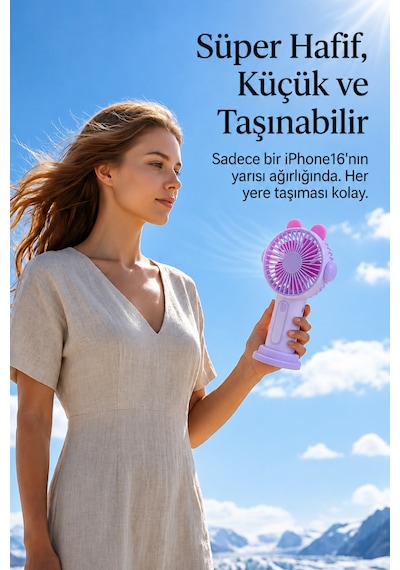 Şarjlı Taşınabilir Sevimli Kulak Tasarımlı Mini Fan 3 Kademeli Hız Telefon Standlı Vantilatör Mor