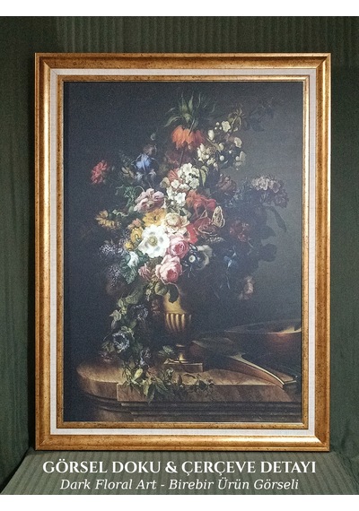 Vintage Gold Çerçeveli Dekoratif Tablo - Dark Floral Art - 60x80 Cm