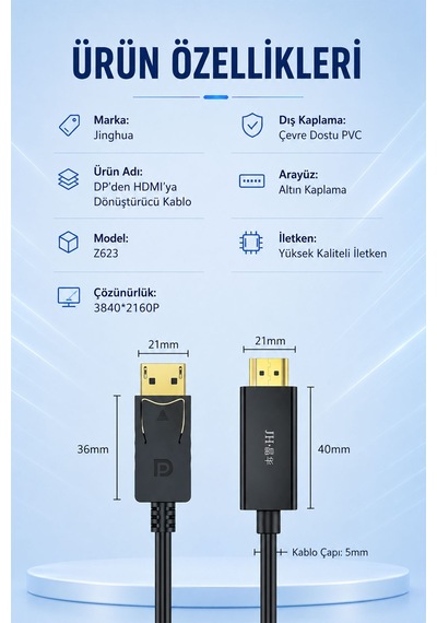 Displayport - Hdmı 4k Ultra Hd Kablo, Dp - Hdmı Dönüştürücü, 3840x2160 Görüntü Aktarımı, Monitör Tv Projeksiyon Uyumlu, Altın Kaplama, Kilitli Bağlantı Z623e