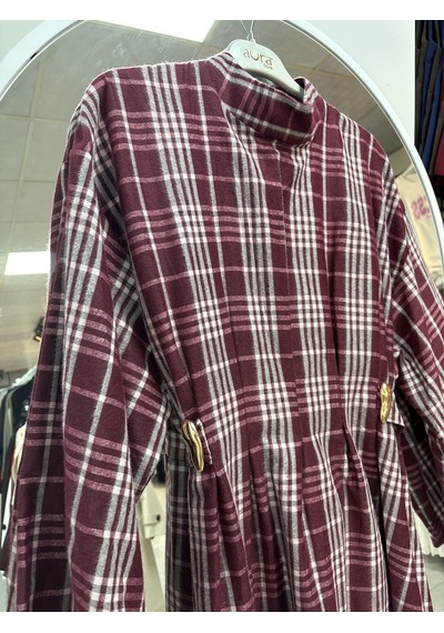 Nirva Butik Kadın Ekose Desenli Belden Oturtmalı Elbise Bordo - Beyaz