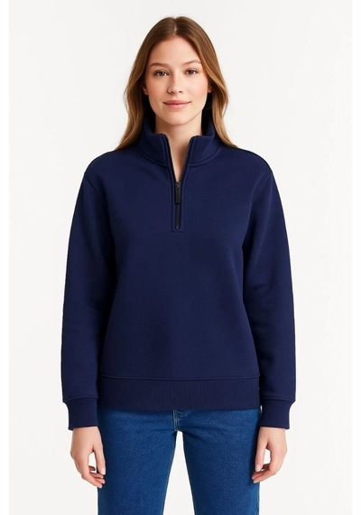 Mbb E-ticaret Kadın 3 İplik Pamuklu Dık Yaka Yarım Fermuarlı Sweatshirt - Lacivert