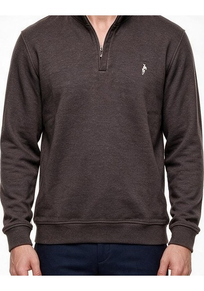 Legato Erkek Dik Yaka Yarım Fermuarlı Pamuk Karışımlı Uzun Kollu Sweatshirt Kahve