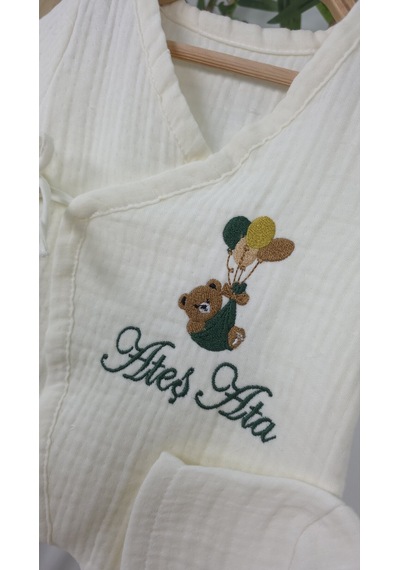Gros Shop Müslin Yeni Doğan 4katlı Organik %100pamuk Kişiye Özgü Nakışlı Hastane Çıkış Seti-yeşil Ayıcık Balon Ekru-2