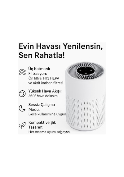 H13 Hepa Filtreli Hava Temizleyici, Aktif Karbon Filtreli, Sessiz Ve Kompakt Tasarım, 360 Hava Dolaşımı Diğer