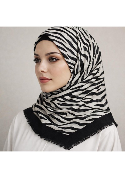 Sinem Emprime Koton Eşarp - Siyah / Beyaz-6292 Gri-siyah