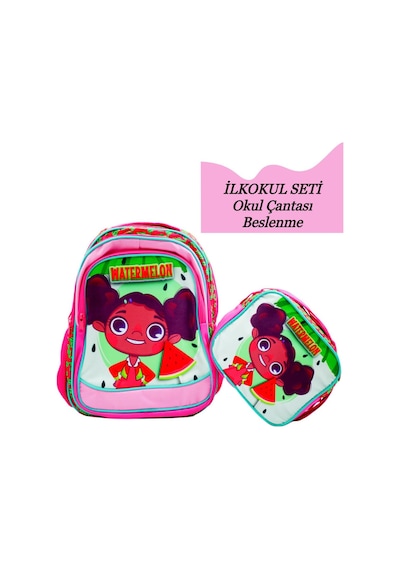 3 Bölmeli İlkokul Okul Sırt Çantası Ve Beslenme Çantası Watermelon Pembe Pembe