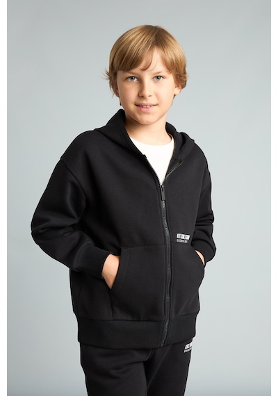 Defacto Baskılı Kapüşonlu Fermuarlı Cepli Sweatshirt Hırka Erkek Çocuk H9681a826wnbk81 Siyah-bk81