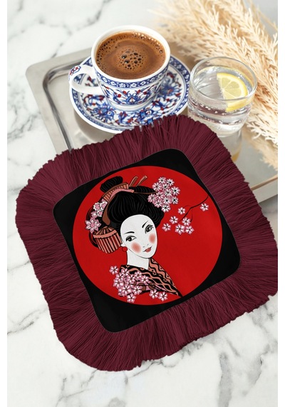 Lüks Japon Geisha Sanatı Püsküllü Sunum Peçetesi - Uzak Doğu Modern Bordo Bardak Altlığı Mendil Çok Renkli