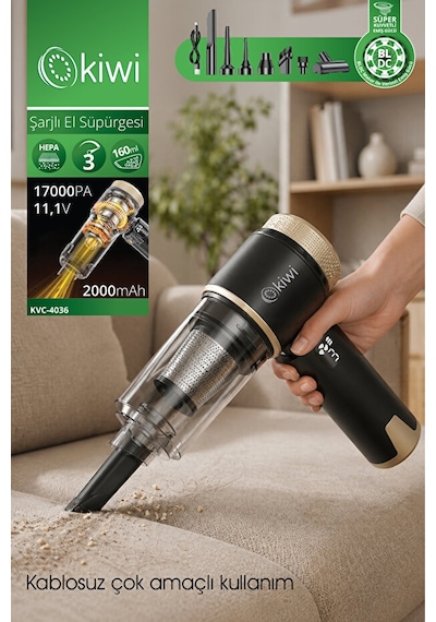 Kiwi KVC-4036 Şarjlı El Süpürgesi | BLDC Motor & 3 Kademe & 17000 Pa & 7 Başlık