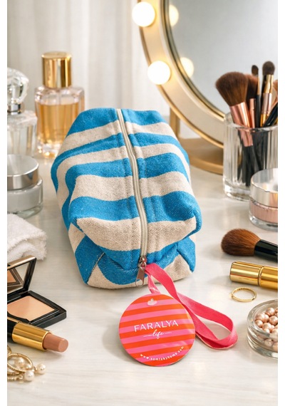 Faralyalife Çizgili Fermuarlı Taşıma Kulplu Makyaj Çantası 20x20 Cm %70 Pamuk %30 Polyester Kozmetik Kadın Makyaj Çantası