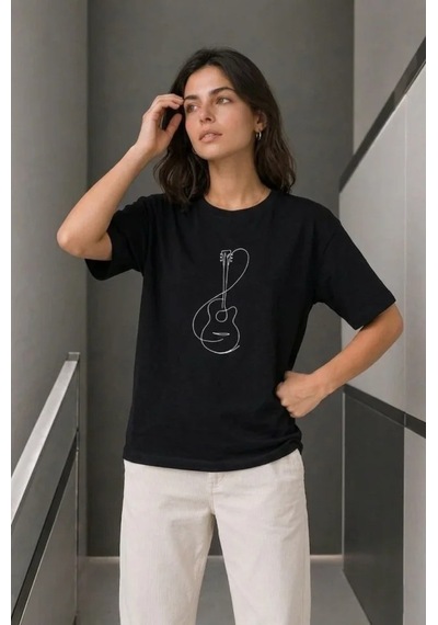 Efnaz Style Minimal Gitar Baskılı Tişört T-shirt Yazlık Kısa Kol Bisiklet Yaka T-shirt - Siyah