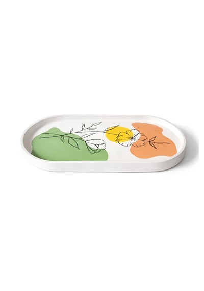 Dekoratif Art Line Stil Oval Tabak - El Yapımı Çiçek Desenli Modern Ev Dekoru 19 X 8 Cm