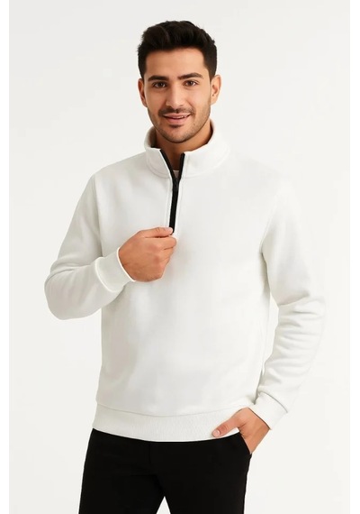 Erkek Dik Yaka Sweatshirt Dik Yaka Yarım Fermuarlı 3 İplik Şardonlu Pamuk Kumaş - Beyaz
