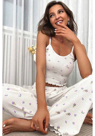 Merry See Baskılı Askılı Pijama Takımı Mor Çiçekli Mor