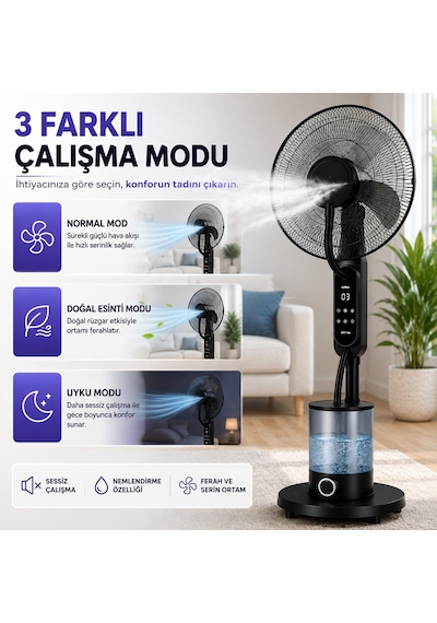 16 İnç Buharlı Vantilatör, 4l Su Hazneli Ayaklı Fan, Uzaktan Kumandalı, Led Ekranlı, 3 Hız Kademeli, 3 Modlu, Nemlendirici Özellikli, Salınımlı Sessiz Vantilatör